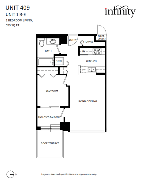 Floor plan for 1 bed, 1 bath